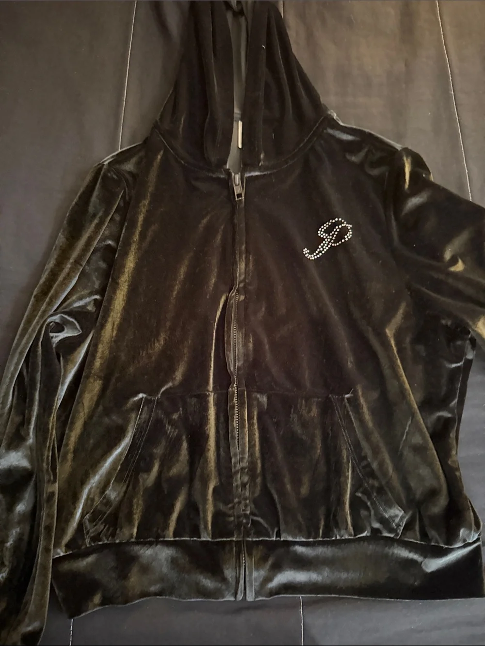 PINK Victoria's Secret Black Velour Zip Hoodie & Joggers with Rhinestone - Picture 2 of 6